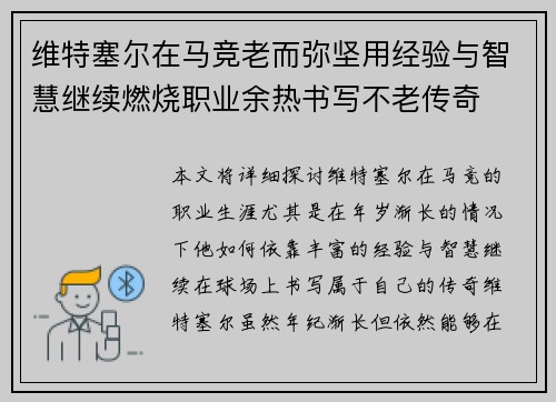 维特塞尔在马竞老而弥坚用经验与智慧继续燃烧职业余热书写不老传奇 维特塞尔在马竞老而弥坚用经验与智慧继续燃烧职业余热书写不老传奇