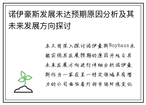 诺伊豪斯发展未达预期原因分析及其未来发展方向探讨 诺伊豪斯发展未达预期原因分析及其未来发展方向探讨